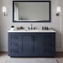 Wyndham Collection Miranda 66" Free Standing Single Basin Vanity Set with Cabinet, Quartz Vanity Top, and Framed Mirror Dark Blue / Giotto Quartz Top / Matte Black Hardware