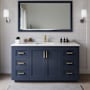 Wyndham Collection Miranda 66" Free Standing Single Basin Vanity Set with Cabinet, Cultured Marble Vanity Top, and Framed Mirror Dark Blue / Carrara Cultured Marble Top / Brushed Gold Hardware
