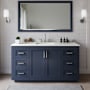 Wyndham Collection Miranda 66" Free Standing Single Basin Vanity Set with Cabinet, Quartz Vanity Top, and Framed Mirror Dark Blue / Giotto Quartz Top / Brushed Nickel Hardware