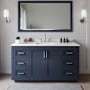 Wyndham Collection Miranda 66" Free Standing Single Basin Vanity Set with Cabinet, Quartz Vanity Top, and Framed Mirror Dark Blue / White Quartz Top / Brushed Nickel Hardware