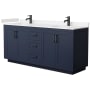 Wyndham Collection Miranda 72" Free Standing Double Basin Vanity Set with Cabinet and Cultured Marble Vanity Top Dark Blue / Carrara Cultured Marble Top / Matte Black Hardware