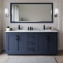 Wyndham Collection Miranda 72" Free Standing Double Basin Vanity Set with Cabinet, Marble Vanity Top, and Framed Mirror Dark Blue / White Carrara Marble Top / Matte Black Hardware
