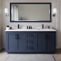 Wyndham Collection Miranda 72" Free Standing Double Basin Vanity Set with Cabinet, Cultured Marble Vanity Top, and Framed Mirror Dark Blue / White Cultured Marble Top / Matte Black Hardware