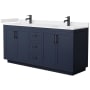 Wyndham Collection Miranda 72" Free Standing Double Basin Vanity Set with Cabinet and Cultured Marble Vanity Top Dark Blue / White Cultured Marble Top / Matte Black Hardware