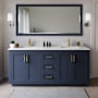 Wyndham Collection Miranda 72" Free Standing Double Basin Vanity Set with Cabinet, Cultured Marble Vanity Top, and Framed Mirror Dark Blue / Carrara Cultured Marble Top / Brushed Gold Hardware