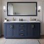 Wyndham Collection Miranda 72" Free Standing Double Basin Vanity Set with Cabinet, Marble Vanity Top, and Framed Mirror Dark Blue / White Carrara Marble Top / Brushed Gold Hardware