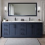 Wyndham Collection Miranda 84" Free Standing Double Basin Vanity Set with Cabinet and Cultured Marble Vanity Top Dark Blue / Carrara Cultured Marble Top / Matte Black Hardware