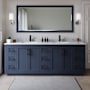 Wyndham Collection Miranda 84" Free Standing Double Basin Vanity Set with Cabinet and Marble Vanity Top Dark Blue / White Carrara Marble Top / Matte Black Hardware