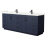 Wyndham Collection Miranda 84" Free Standing Double Basin Vanity Set with Cabinet and Quartz Vanity Top Dark Blue / Giotto Quartz Top / Matte Black Hardware