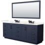 Wyndham Collection Miranda 84" Free Standing Double Basin Vanity Set with Cabinet, Quartz Vanity Top, and Framed Mirror Dark Blue / Giotto Quartz Top / Matte Black Hardware