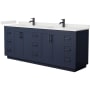 Wyndham Collection Miranda 84" Free Standing Double Basin Vanity Set with Cabinet and Quartz Vanity Top Dark Blue / White Quartz Top / Matte Black Hardware