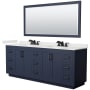Wyndham Collection Miranda 84" Free Standing Double Basin Vanity Set with Cabinet, Quartz Vanity Top, and Framed Mirror Dark Blue / White Quartz Top / Matte Black Hardware