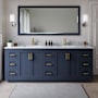 Wyndham Collection Miranda 84" Free Standing Double Basin Vanity Set with Cabinet and Marble Vanity Top Dark Blue / White Carrara Marble Top / Brushed Gold Hardware