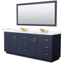 Wyndham Collection Miranda 84" Free Standing Double Basin Vanity Set with Cabinet, Quartz Vanity Top, and Framed Mirror Dark Blue / Giotto Quartz Top / Brushed Gold Hardware