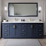 Wyndham Collection Miranda 84" Free Standing Double Basin Vanity Set with Cabinet, Quartz Vanity Top, and Framed Mirror Dark Blue / White Quartz Top / Brushed Gold Hardware