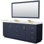 Wyndham Collection Miranda 84" Free Standing Double Basin Vanity Set with Cabinet, Quartz Vanity Top, and Framed Mirror Dark Blue / White Quartz Top / Brushed Gold Hardware