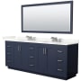 Wyndham Collection Miranda 84" Free Standing Double Basin Vanity Set with Cabinet, Quartz Vanity Top, and Framed Mirror Dark Blue / Giotto Quartz Top / Brushed Nickel Hardware
