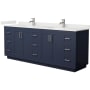 Wyndham Collection Miranda 84" Free Standing Double Basin Vanity Set with Cabinet and Quartz Vanity Top Dark Blue / White Quartz Top / Brushed Nickel Hardware