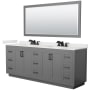 Wyndham Collection Miranda 84" Free Standing Double Basin Vanity Set with Cabinet, Quartz Vanity Top, and Framed Mirror Dark Gray / White Quartz Top / Matte Black Hardware