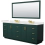 Wyndham Collection Miranda 84" Free Standing Double Basin Vanity Set with Cabinet, Quartz Vanity Top, and Framed Mirror Green / White Quartz Top / Brushed Gold Hardware