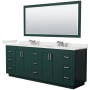 Wyndham Collection Miranda 84" Free Standing Double Basin Vanity Set with Cabinet, Quartz Vanity Top, and Framed Mirror Green / White Quartz Top / Brushed Nickel Hardware