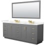 Wyndham Collection Miranda 84" Free Standing Double Basin Vanity Set with Cabinet, Quartz Vanity Top, and Framed Mirror Dark Gray / Giotto Quartz Top / Brushed Gold Hardware