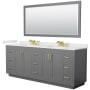 Wyndham Collection Miranda 84" Free Standing Double Basin Vanity Set with Cabinet, Quartz Vanity Top, and Framed Mirror Dark Gray / White Quartz Top / Brushed Gold Hardware