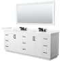 Wyndham Collection Miranda 84" Free Standing Double Basin Vanity Set with Cabinet, Quartz Vanity Top, and Framed Mirror White / Giotto Quartz Top / Matte Black Hardware
