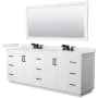 Wyndham Collection Miranda 84" Free Standing Double Basin Vanity Set with Cabinet, Quartz Vanity Top, and Framed Mirror White / White Quartz Top / Matte Black Hardware