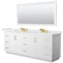 Wyndham Collection Miranda 84" Free Standing Double Basin Vanity Set with Cabinet, Quartz Vanity Top, and Framed Mirror White / White Quartz Top / Brushed Gold Hardware