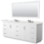 Wyndham Collection Miranda 84" Free Standing Double Basin Vanity Set with Cabinet, Quartz Vanity Top, and Framed Mirror White / White Quartz Top / Brushed Nickel Hardware