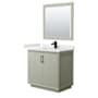 Wyndham Collection Strada 36" Free Standing Single Basin Vanity Set with Cabinet, Quartz Vanity Top, and Framed Mirror Light Green / White Quartz Top / Matte Black Hardware
