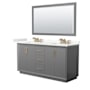 Wyndham Collection Strada 66" Free Standing Double Basin Vanity Set with Cabinet, Quartz Vanity Top, and Framed Mirror Dark Gray / Giotto Quartz Top / Satin Bronze Hardware