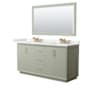 Wyndham Collection Strada 66" Free Standing Double Basin Vanity Set with Cabinet, Quartz Vanity Top, and Framed Mirror Light Green / White Quartz Top / Satin Bronze Hardware