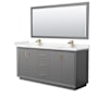 Wyndham Collection Strada 72" Free Standing Double Basin Vanity Set with Cabinet, Cultured Marble Vanity Top, and Framed Mirror Dark Gray / Carrara Cultured Marble Top / Satin Bronze Hardware