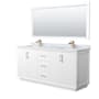 Wyndham Collection Strada 72" Free Standing Double Basin Vanity Set with Cabinet, Marble Vanity Top, and Framed Mirror White / Satin Bronze Hardware