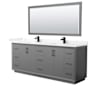 Wyndham Collection Strada 84" Free Standing Double Basin Vanity Set with Cabinet, Cultured Marble Vanity Top, and Framed Mirror Dark Gray / Carrara Cultured Marble Top / Matte Black Hardware