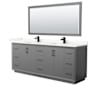 Wyndham Collection Strada 84" Free Standing Double Basin Vanity Set with Cabinet, Quartz Vanity Top, and Framed Mirror Dark Gray / Giotto Quartz Top / Matte Black Hardware