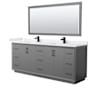 Wyndham Collection Strada 84" Free Standing Double Basin Vanity Set with Cabinet, Cultured Marble Vanity Top, and Framed Mirror Dark Gray / White Cultured Marble Top / Matte Black Hardware