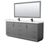 Wyndham Collection Strada 84" Free Standing Double Basin Vanity Set with Cabinet, Quartz Vanity Top, and Framed Mirror Dark Gray / White Quartz Top / Matte Black Hardware