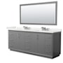 Wyndham Collection Strada 84" Free Standing Double Basin Vanity Set with Cabinet, Quartz Vanity Top, and Framed Mirror Dark Gray / White Quartz Top / Brushed Nickel Hardware