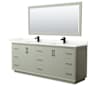 Wyndham Collection Strada 84" Free Standing Double Basin Vanity Set with Cabinet, Quartz Vanity Top, and Framed Mirror Light Green / Giotto Quartz Top / Matte Black Hardware