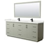 Wyndham Collection Strada 84" Free Standing Double Basin Vanity Set with Cabinet, Quartz Vanity Top, and Framed Mirror Light Green / White Quartz Top / Matte Black Hardware