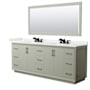 Wyndham Collection Strada 84" Free Standing Double Basin Vanity Set with Cabinet, Quartz Vanity Top, and Framed Mirror Light Green / White Quartz Top / Matte Black Hardware