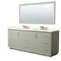 Wyndham Collection Strada 84" Free Standing Double Basin Vanity Set with Cabinet, Quartz Vanity Top, and Framed Mirror Light Green / Giotto Quartz Top / Satin Bronze Hardware