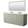 Wyndham Collection Strada 84" Free Standing Double Basin Vanity Set with Cabinet, Quartz Vanity Top, and Framed Mirror Light Green / White Quartz Top / Satin Bronze Hardware