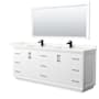Wyndham Collection Strada 84" Free Standing Double Basin Vanity Set with Cabinet, Quartz Vanity Top, and Framed Mirror White / Giotto Quartz Top / Matte Black Hardware