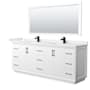 Wyndham Collection Strada 84" Free Standing Double Basin Vanity Set with Cabinet, Cultured Marble Vanity Top, and Framed Mirror White / White Cultured Marble Top / Matte Black Hardware