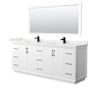 Wyndham Collection Strada 84" Free Standing Double Basin Vanity Set with Cabinet, Quartz Vanity Top, and Framed Mirror White / White Quartz Top / Matte Black Hardware