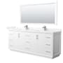 Wyndham Collection Strada 84" Free Standing Double Basin Vanity Set with Cabinet, Cultured Marble Vanity Top, and Framed Mirror White / Carrara Cultured Marble Top / Brushed Nickel Hardware